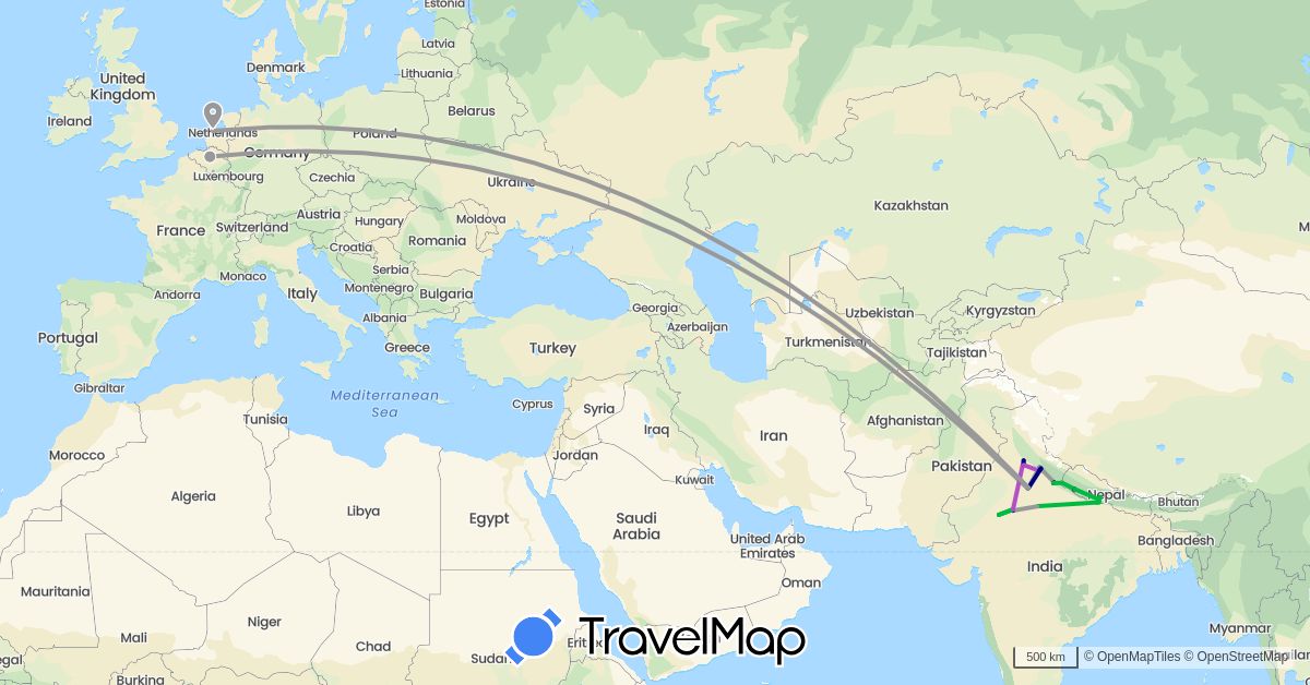 TravelMap itinerary: driving, bus, plane, train, hiking, motorbike in Belgium, India, Netherlands, Nepal (Asia, Europe)